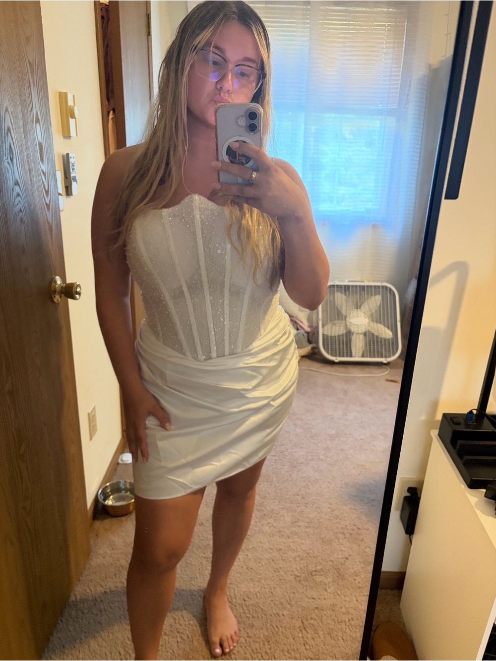 Strapless White Corset Mini Dress with Ruched Skirt